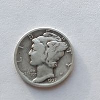 10 центов (дайм Меркурий) США 1937 года, серебро 900 пробы. 5