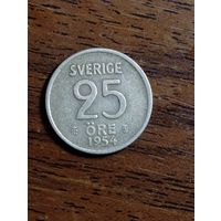 Швеция 25 эре 1954 года . Серебро .