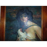 Старинная картина маслом на холсте "Девушка с курочкой"
