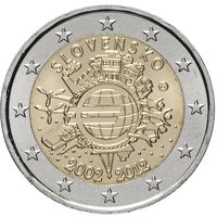 2 евро 2012 Словакия 10 лет наличному обращению евро UNC из ролла
