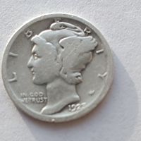 10 центов (дайм Меркурий) США 1923 года, серебро 900 пробы. 8