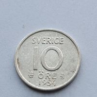 10 эре 1954 года Швеция. Серебро 400. Монета не чищена. 24