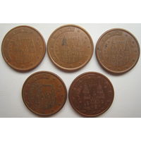 Испания 5 евроцентов 1999, 2000, 2004, 2005, 2007 гг. Цена за 1 шт.
