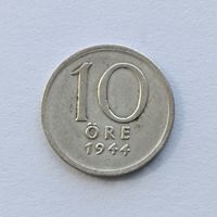 10 эре 1944 года Швеция. Серебро 400. Монета не чищена. 3
