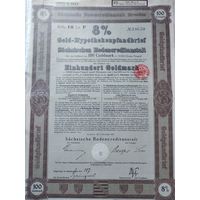Германия, Дрезден 1927, Залоговое письмо, Облигация, 100 Голдмарок -8%, Водяные знаки, Тиснение. Размер - А4