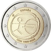 2 евро Испания 2009 10 лет Экономическому и валютному союзу UNC из ролла