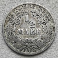 Германия 1/2 марки 1906 А, серебро