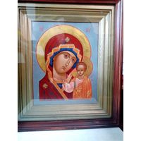Рукописная икона "Богоматерь с младенцем Иисусом", с киотом 36х31см.  доска, яичная темпера, левкас, золочение.