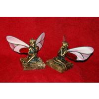 Пара скульптур "феи" , бронза с витражом на мраморе 3 (розовые крылья)