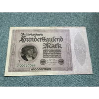 Германия Имперская банкнота 100 000 марок J-00267048 один # на АВ, литера Т Берлин 01.02.1923 год / 19 х 11,5 см