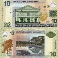 Суринам 10 долларов 2019 год  UNC   (серия GF  с защитной лентой с обеих сторон)