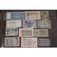 Банкноты Германии и РИ, 13 штук, состояние разное.