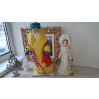 Дед Мороз и Снегурочка вата папье маше 45 см и 36 см елочные украшения под елку СССР ретро