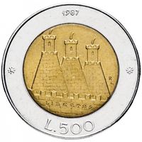 Сан-Марино 500 лир, 1987 15 лет возобновлению чеканке монет UNC