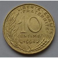 Франция, 10 сантимов 1994 г. Отметка монетного двора: "Дельфин" справа от года.