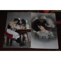 Две дореволюционные баварские открытки/почт.карточки до 1917 года - с элементами ручной работы., - местами на одежде выложена ткань: на рукаве у дамы и на муж.шляпе. Открытки довольно редкие, с вытесн