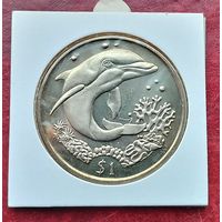 Британские Виргинские острова 1 доллар, 2004 Дельфин. Монета в холдере!