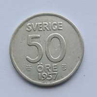50 эре 1957 года Швеция. Серебро 400. Монета не чищена. 17