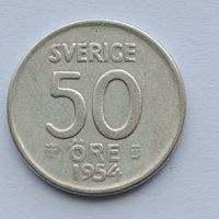 50 эре 1954 года Швеция. Серебро 400. Монета не чищена. 18