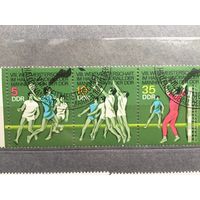 ГДР 1974 год. VIII Чемпионат мира по гандболу (серия из 3 марок в сцепке со спецгашением)