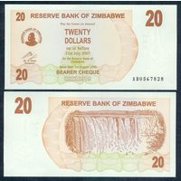Зимбабве 20 долларов 2007 год. UNC
