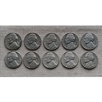 США 5 центов погодовка D 1970/1971/1972/1973/1974/1975/1976/1977/1978/1979 (10 монет)