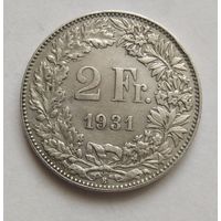 2 франка 1931 г. 835 пр., Швейцария.  Тираж 500 000 т .