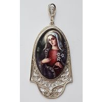 Кулон серебро. Дева Мария, нательная икона. Скань, финигрань. Вес 14,5 гр. 40-50-е годы. Размер 6,6 см на 3 см