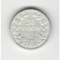 Нидерланды 25 центов 1902 года. Серебро