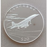 Либерия.20долларов 2000г.История авиации - Конкорд.