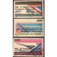 Мали. 1986 год. 10-летие первого пассажирского сверхзвукового полета. 3 марки полная серия. Mi:ML 1085-1087. Надпечатки с перебитой ценой на марки Mi:ML 677-679 1979 года. Гашеные.