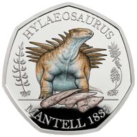 Великобритания 50 пенсов 2020г. "Динозавр: Hylaeosaurus". Монета в капсуле; магнитном подарочном акриловом футляре; номерной сертификат; коробка. СЕРЕБРО 8гр.