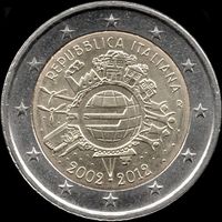 Италия 2 евро 2012 г. "10 лет евро наличными" КМ#350 (14-9)