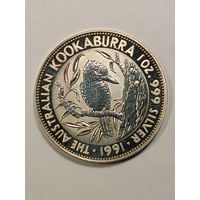 Монета 5  долларов 1991 года, Австралийская Кукабура. Серебро.