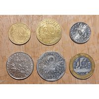 Набор монет Франции. Сантимы и франки (1/2, 1, 2, 10, 20)