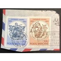 Ватикан. 1983 год. 500-летие Рафаэля. 2 Гашеные марки на вырезке, прошли почту Ватикана.