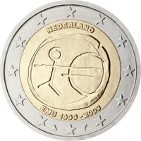 2 евро Нидерланды 2009 10 лет Экономическому и Валютному союзу UNC из ролла