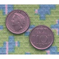 Нидерланды 10 центов 1948 года, AU. Королева Вильгельмина.