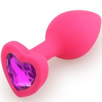 Силиконовая анальная пробка S розовая с ярким фиолетовым камнем сердцем