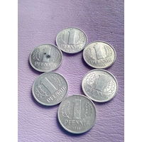 ГДР - Германия 1 пфенниг 1975, 1980, 1981, 1983, 1984, 1985 гг. Лот из 6-ти монет.