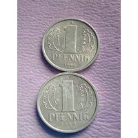 ГДР - Германия 1 пфенниг 1986 и 1989 гг. aU. Лот из 2-х монет.