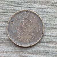 Werty71 Цейлон 50 центов 1943 Георг 6 Шри Ланка Редкая
