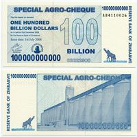 Зимбабве. 100 000 000 000 долларов (образца 2008 года, P64, UNC)