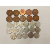 1 новый пенни Великобритании 1971, 2001.  1994, 84. 1980, 76, 81. 1 пфенинг Германия 1952, 53.