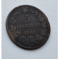 Италия 5 чентезимо, 1861  "M" - Милан  4-12-16