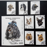 Мадагаскар 1991 г. Собаки. Фауна, полная серия из 7 марок + Блок #0166-Ф1