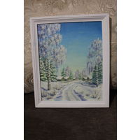 Картина Зимний пейзаж-маслом на холсте, холст приклеен к ДВП, н/х, размер с рамой 33,5*28 см, в очень хорошем состоянии.