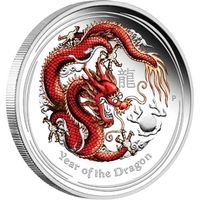 Австралия 0,5 доллара 2012г. Лунная серия II: "Год Дракона Красный". PROOF; цвет. Монета в капсуле; подарочном футляре; номерной сертификат; коробка. СЕРЕБРО 15,591гр.(1/2 oz).