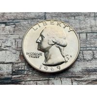США. 25 центов (квотер, 1/4 доллара) 1969 S (Washington Quarter).