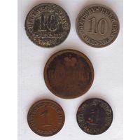 1 копейка 1865, 1 пфенниг 1876, 1 пфенниг 1896, 10 пфеннигов 1906 и 1918 5 монет одним лотом